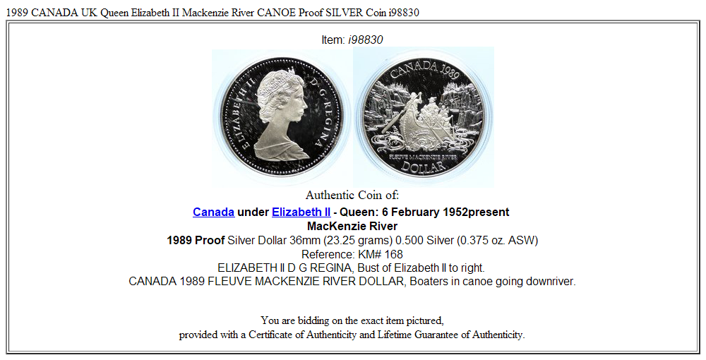 1989 CANADA UK Queen Elizabeth II Mackenzie River CANOE Proof SILVER Coin i98830