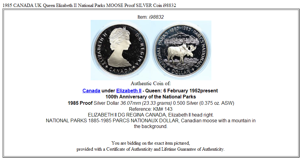 1985 CANADA UK Queen Elizabeth II National Parks MOOSE Proof SILVER Coin i98832