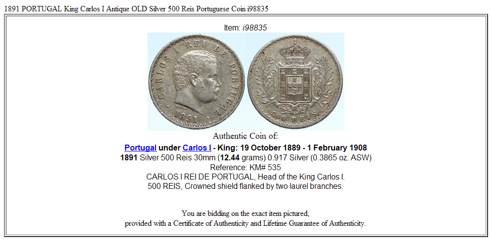 1891 PORTUGAL King Carlos I Antique OLD Silver 500 Reis Portuguese Coin i98835