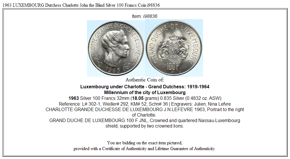 1963 LUXEMBOURG Dutchess Charlotte John the Blind Silver 100 Francs Coin i98836