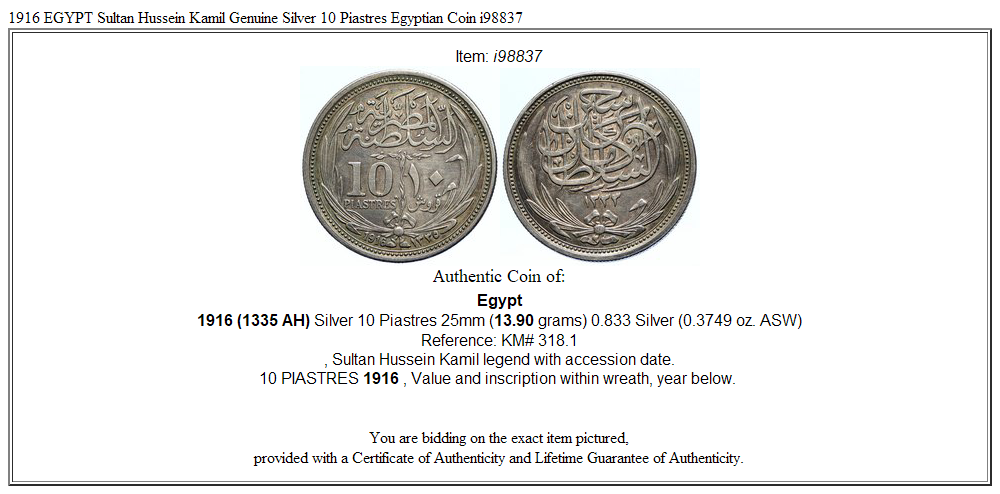 1916 EGYPT Sultan Hussein Kamil Genuine Silver 10 Piastres Egyptian Coin i98837