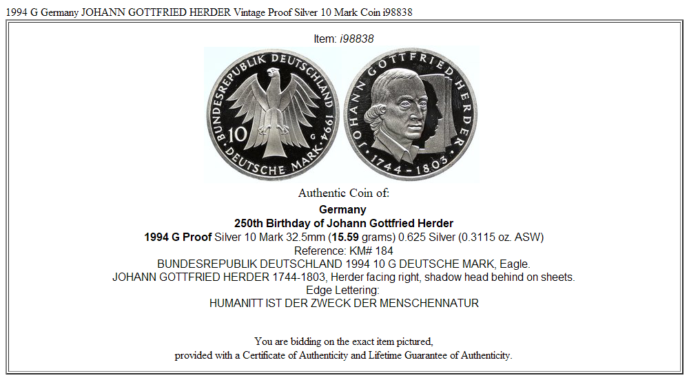 1994 G Germany JOHANN GOTTFRIED HERDER Vintage Proof Silver 10 Mark Coin i98838