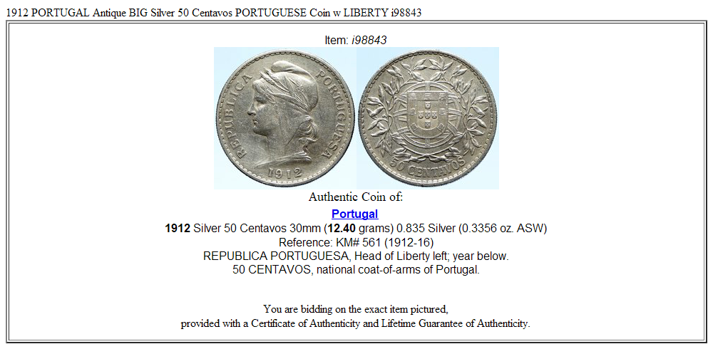 1912 PORTUGAL Antique BIG Silver 50 Centavos PORTUGUESE Coin w LIBERTY i98843