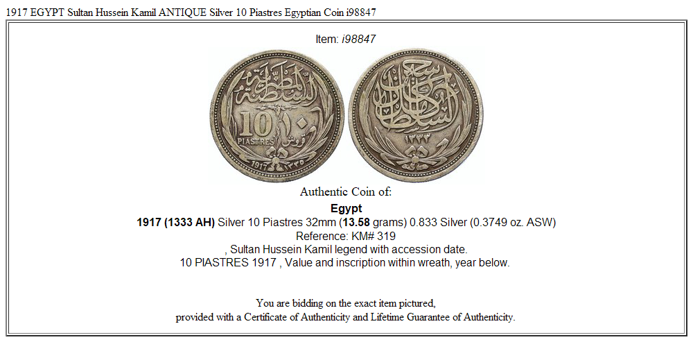 1917 EGYPT Sultan Hussein Kamil ANTIQUE Silver 10 Piastres Egyptian Coin i98847