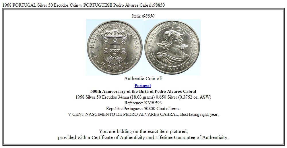 1968 PORTUGAL Silver 50 Escudos Coin w PORTUGUESE Pedro Alvares Cabral i98850