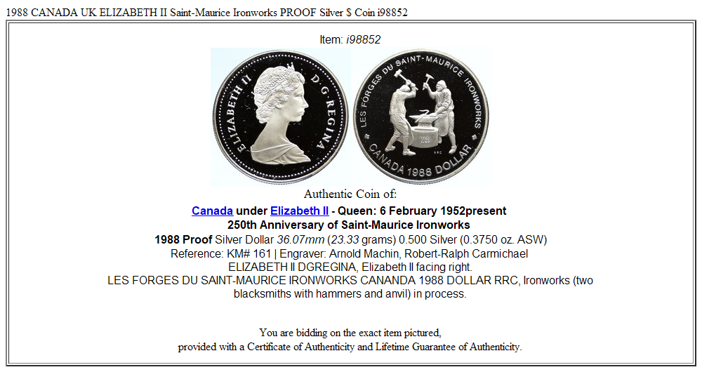 1988 CANADA UK ELIZABETH II Saint-Maurice Ironworks PROOF Silver $ Coin i98852