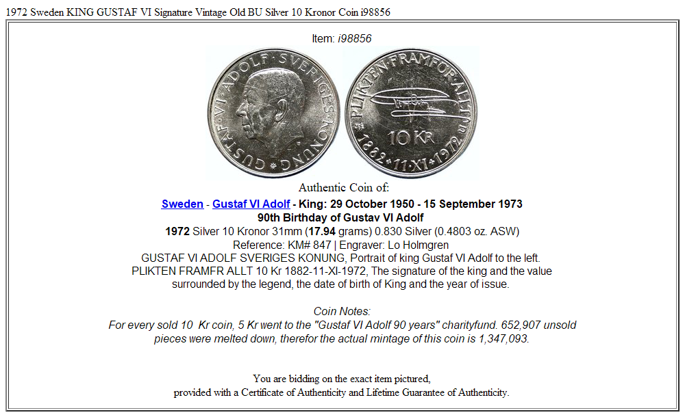 1972 Sweden KING GUSTAF VI Signature Vintage Old BU Silver 10 Kronor Coin i98856