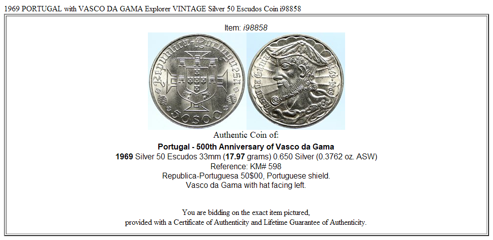 1969 PORTUGAL with VASCO DA GAMA Explorer VINTAGE Silver 50 Escudos Coin i98858