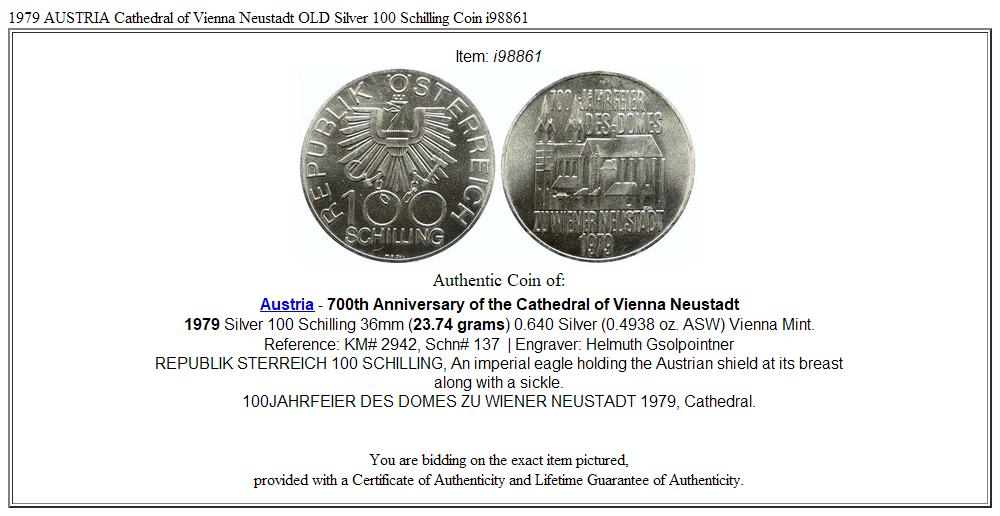 1979 AUSTRIA Cathedral of Vienna Neustadt OLD Silver 100 Schilling Coin i98861