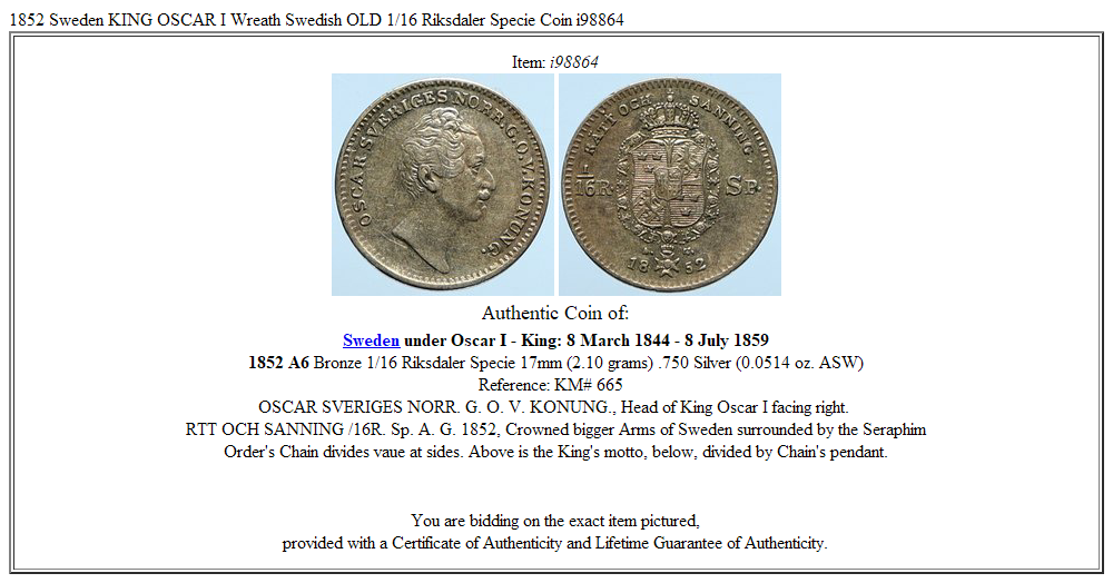 1852 Sweden KING OSCAR I Wreath Swedish OLD 1/16 Riksdaler Specie Coin i98864