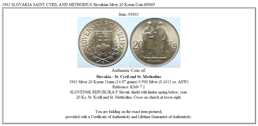 1941 SLOVAKIA SAINT CYRIL AND METHODIUS Slovakian Silver 20 Korun Coin i98865