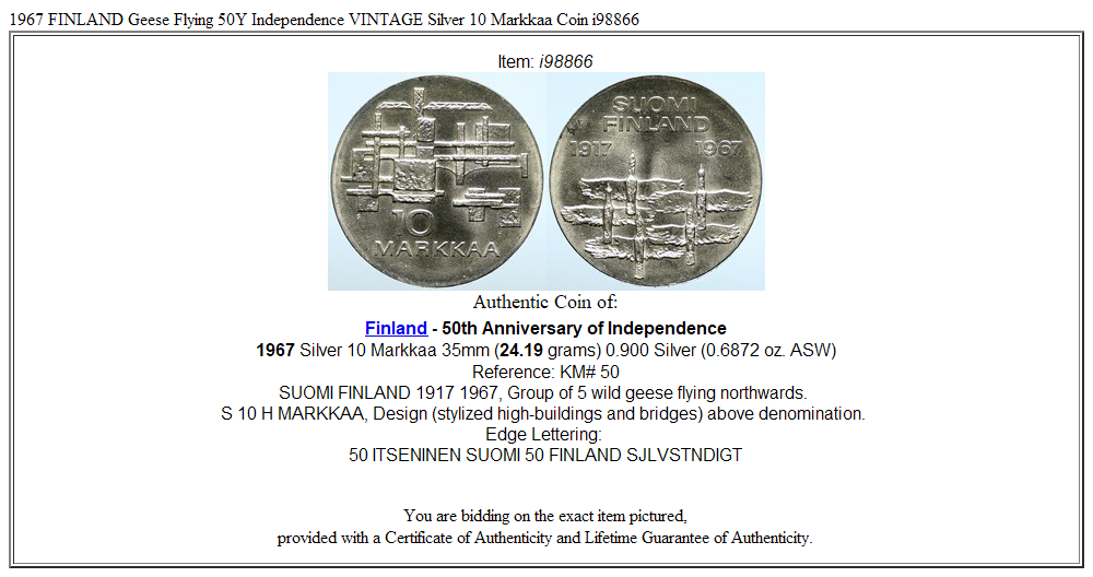 1967 FINLAND Geese Flying 50Y Independence VINTAGE Silver 10 Markkaa Coin i98866