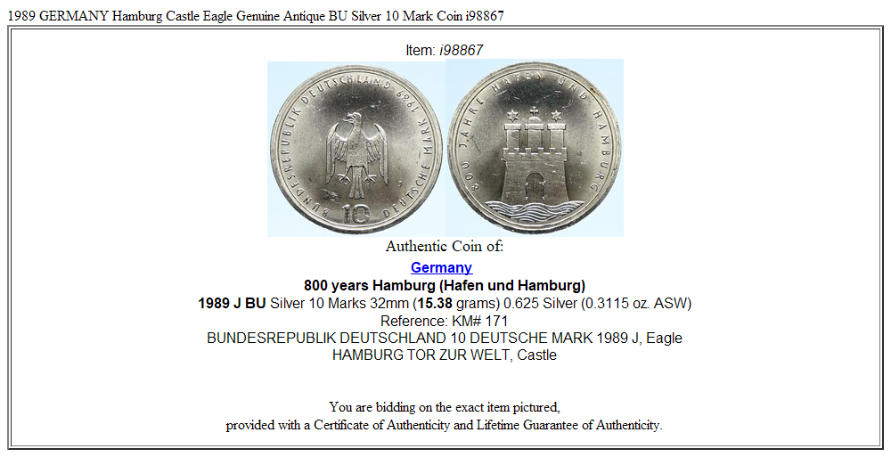 1989 GERMANY Hamburg Castle Eagle Genuine Antique BU Silver 10 Mark Coin i98867