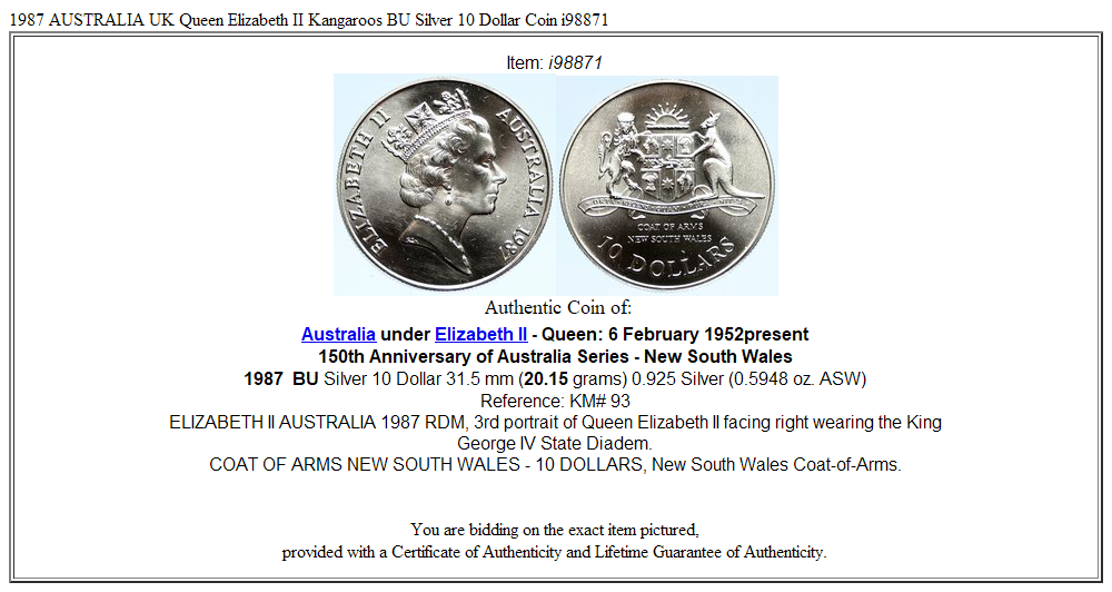 1987 AUSTRALIA UK Queen Elizabeth II Kangaroos BU Silver 10 Dollar Coin i98871