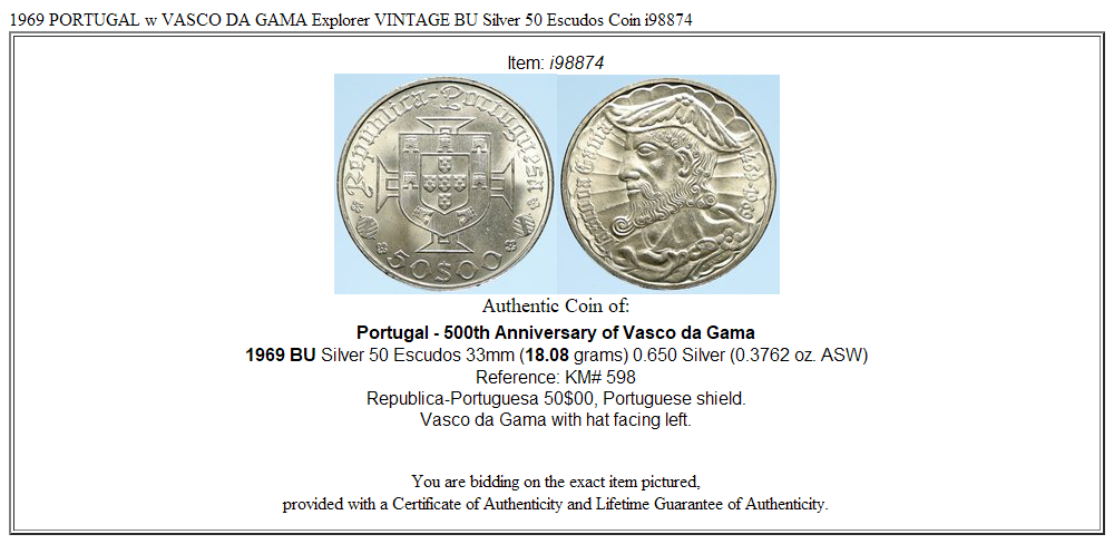 1969 PORTUGAL w VASCO DA GAMA Explorer VINTAGE BU Silver 50 Escudos Coin i98874