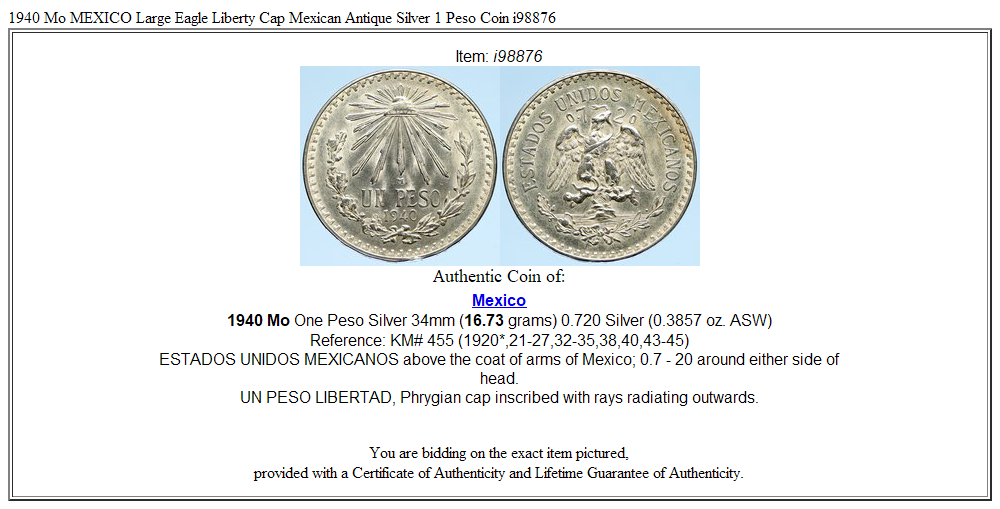 1940 Mo MEXICO Large Eagle Liberty Cap Mexican Antique Silver 1 Peso Coin i98876