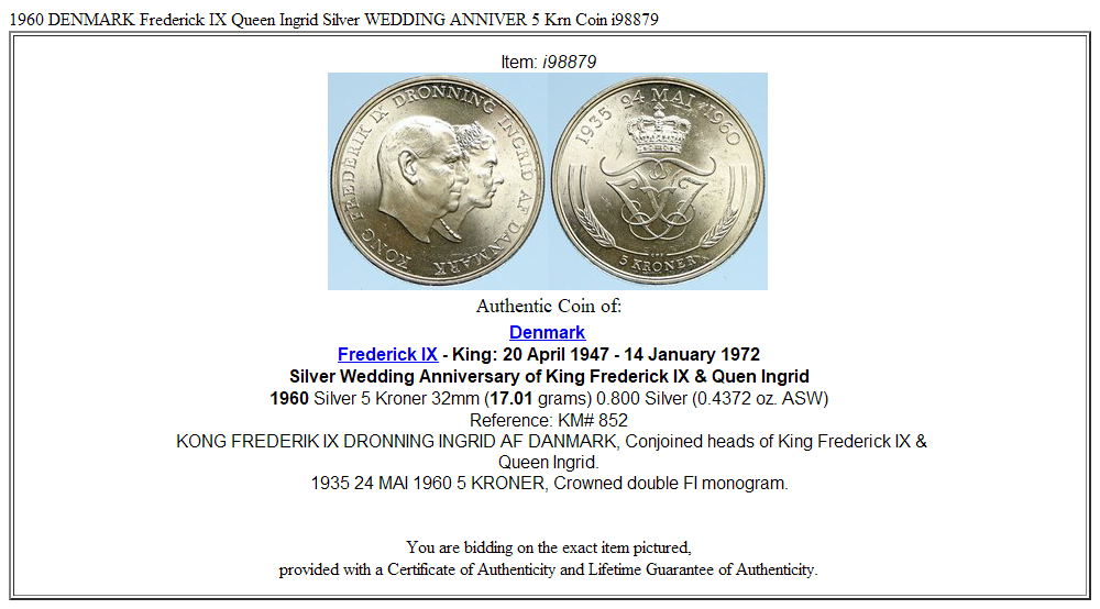 1960 DENMARK Frederick IX Queen Ingrid Silver WEDDING ANNIVER 5 Krn Coin i98879