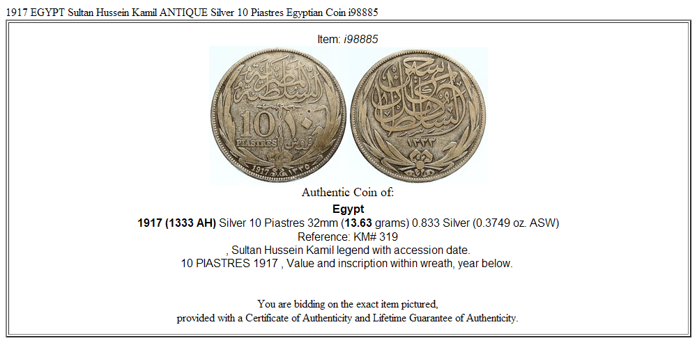 1917 EGYPT Sultan Hussein Kamil ANTIQUE Silver 10 Piastres Egyptian Coin i98885