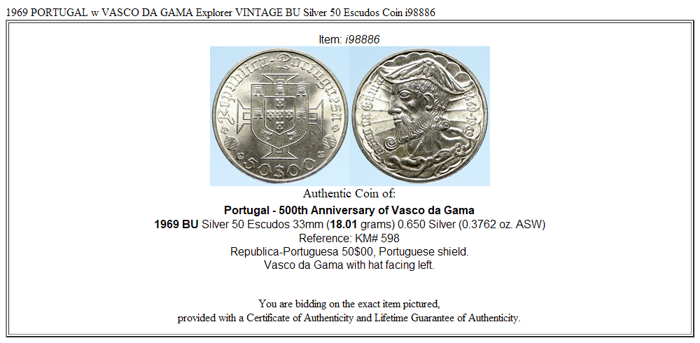 1969 PORTUGAL w VASCO DA GAMA Explorer VINTAGE BU Silver 50 Escudos Coin i98886