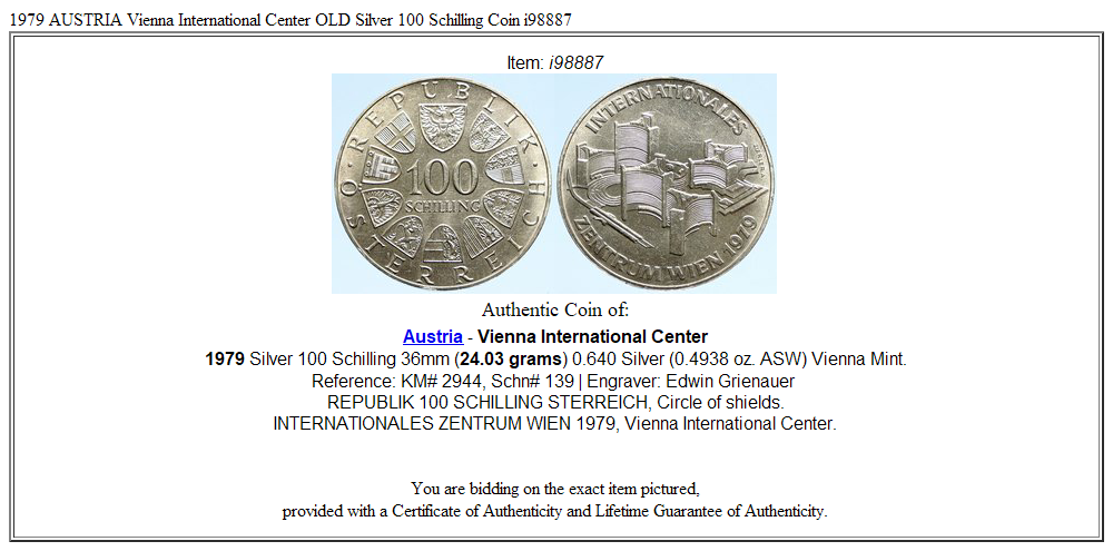 1979 AUSTRIA Vienna International Center OLD Silver 100 Schilling Coin i98887