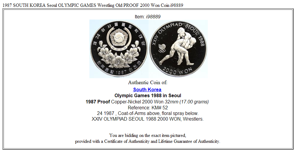 1987 SOUTH KOREA Seoul OLYMPIC GAMES Wrestling Old PROOF 2000 Won Coin i98889