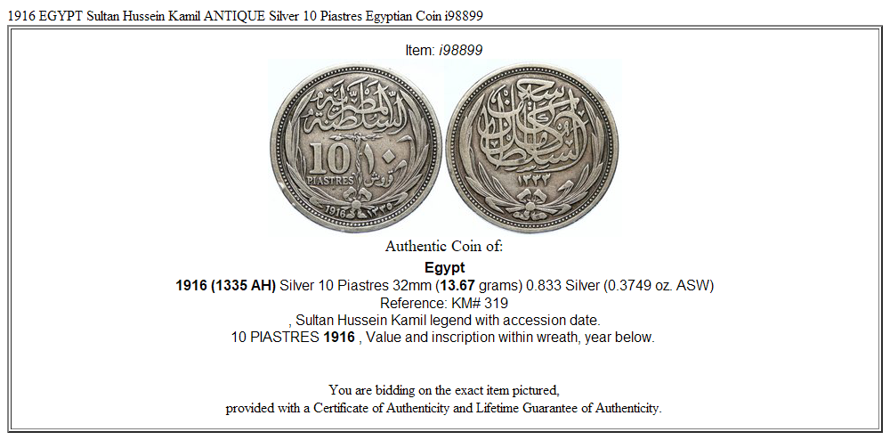 1916 EGYPT Sultan Hussein Kamil ANTIQUE Silver 10 Piastres Egyptian Coin i98899