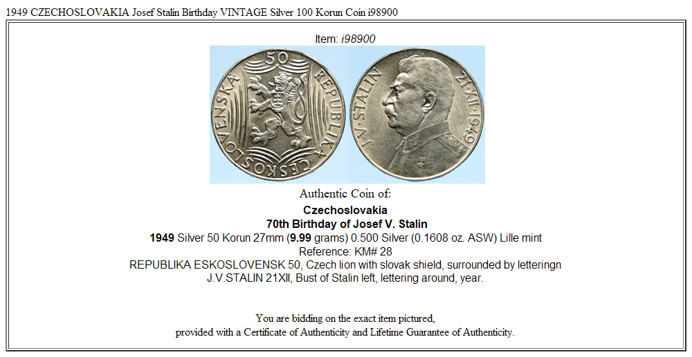 1949 CZECHOSLOVAKIA Josef Stalin Birthday VINTAGE Silver 100 Korun Coin i98900