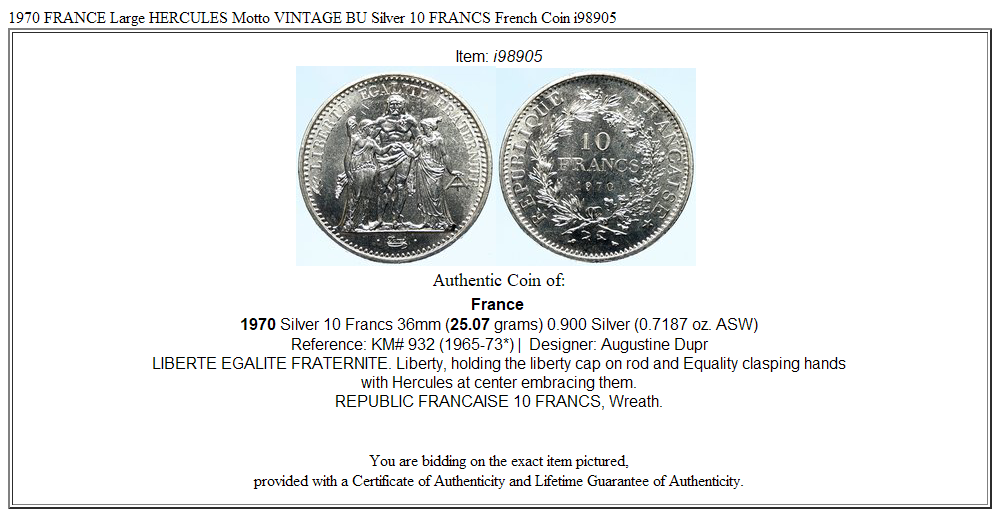 1970 FRANCE Large HERCULES Motto VINTAGE BU Silver 10 FRANCS French Coin i98905