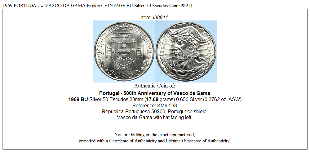 1969 PORTUGAL w VASCO DA GAMA Explorer VINTAGE BU Silver 50 Escudos Coin i98911