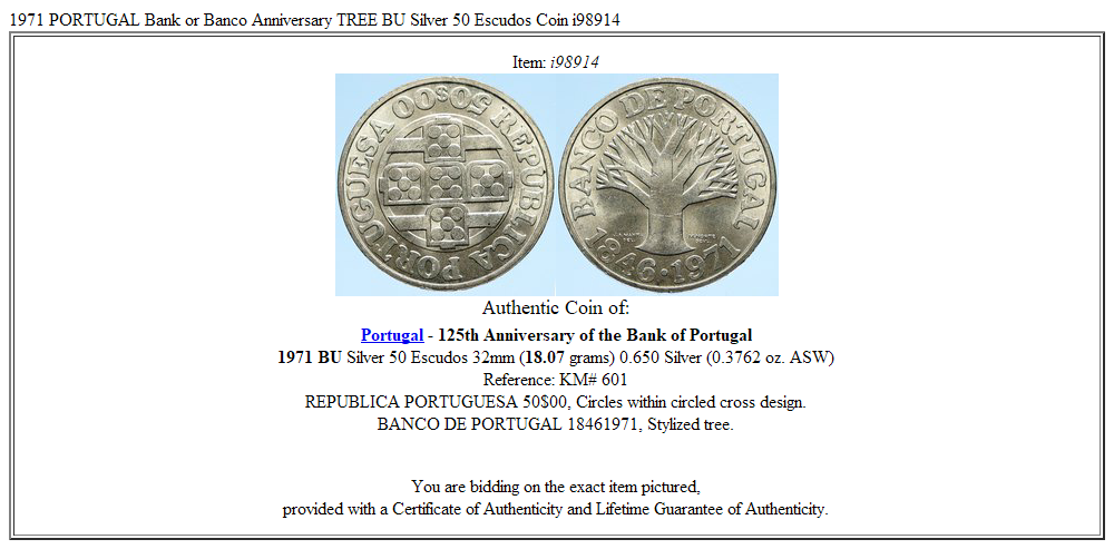 1971 PORTUGAL Bank or Banco Anniversary TREE BU Silver 50 Escudos Coin i98914