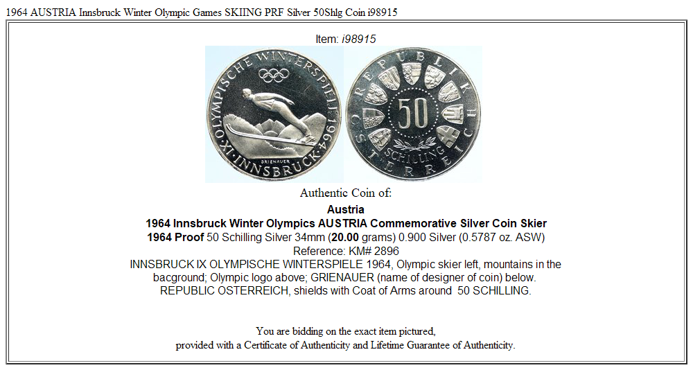 1964 AUSTRIA Innsbruck Winter Olympic Games SKIING PRF Silver 50Shlg Coin i98915