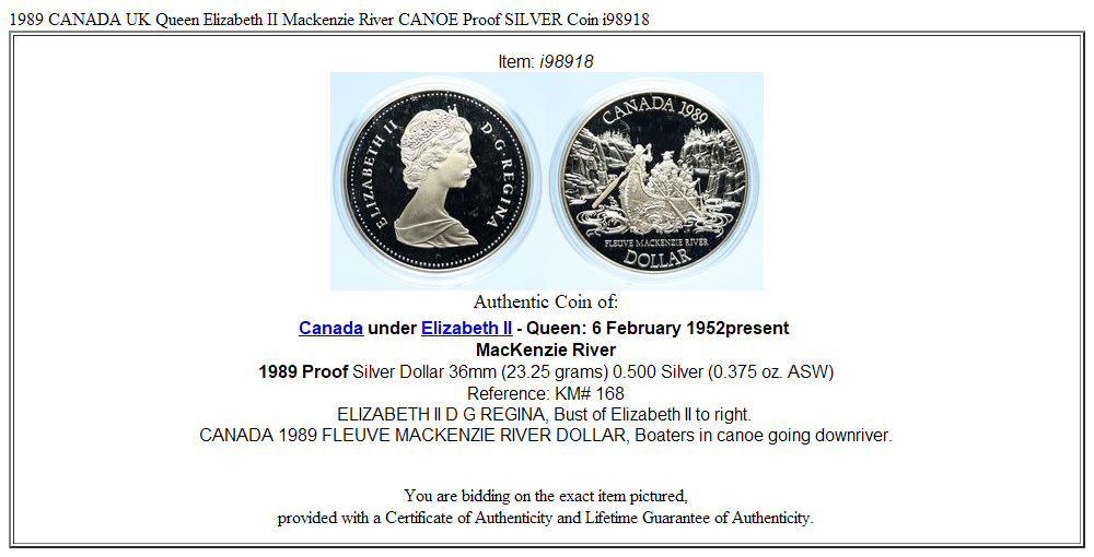 1989 CANADA UK Queen Elizabeth II Mackenzie River CANOE Proof SILVER Coin i98918