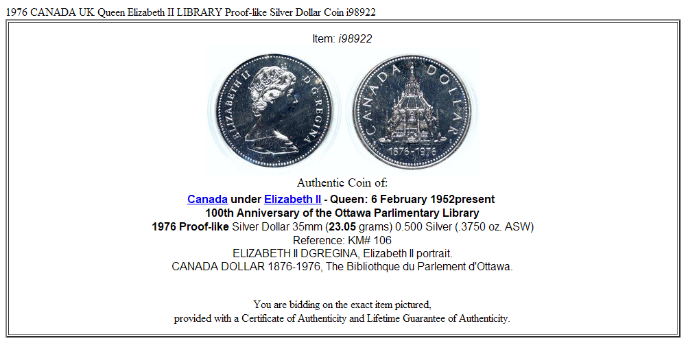 1976 CANADA UK Queen Elizabeth II LIBRARY Proof-like Silver Dollar Coin i98922