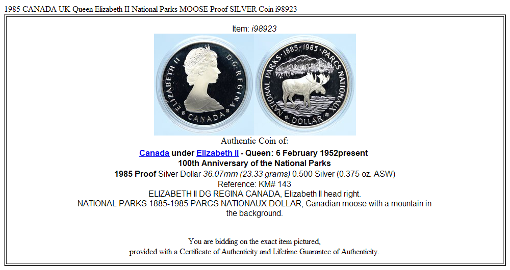 1985 CANADA UK Queen Elizabeth II National Parks MOOSE Proof SILVER Coin i98923