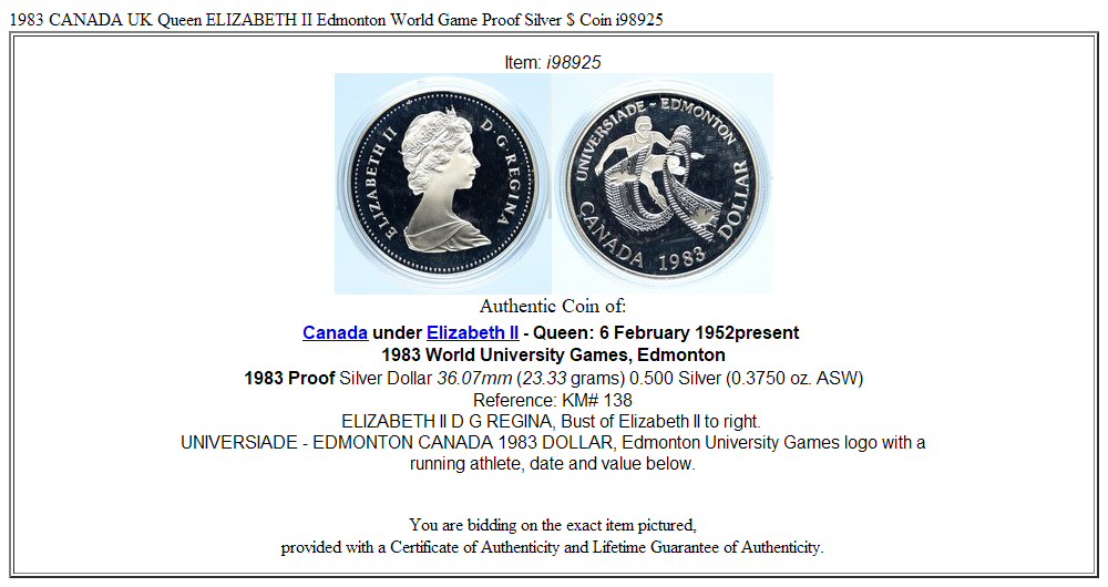 1983 CANADA UK Queen ELIZABETH II Edmonton World Game Proof Silver $ Coin i98925