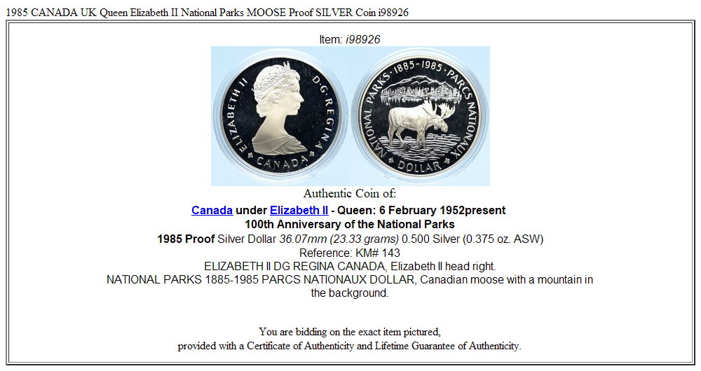 1985 CANADA UK Queen Elizabeth II National Parks MOOSE Proof SILVER Coin i98926