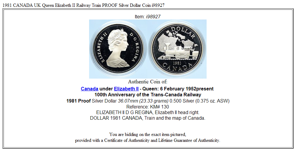 1981 CANADA UK Queen Elizabeth II Railway Train PROOF Silver Dollar Coin i98927