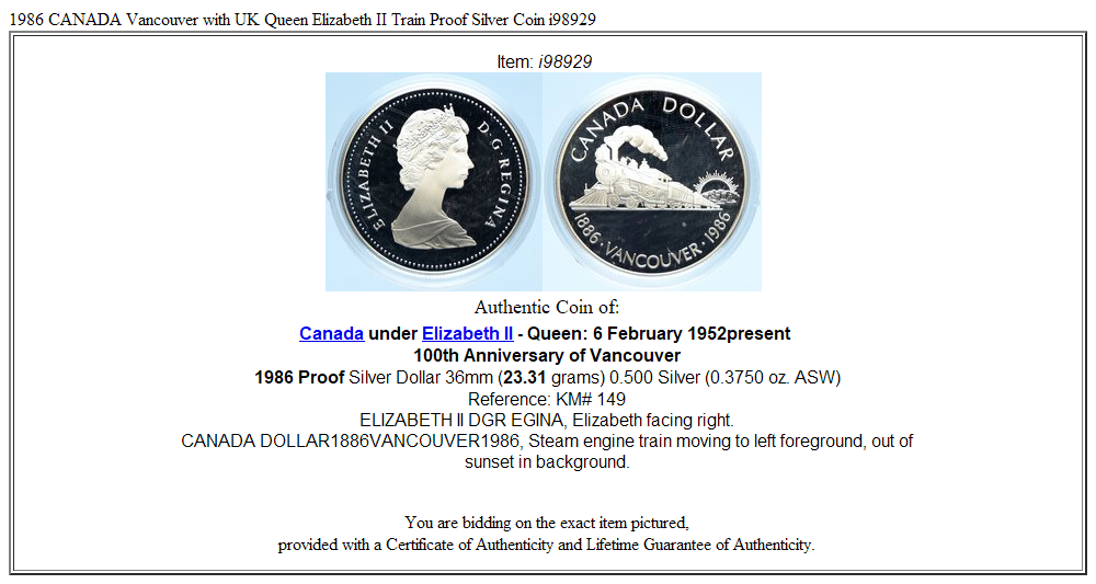 1986 CANADA Vancouver with UK Queen Elizabeth II Train Proof Silver Coin i98929