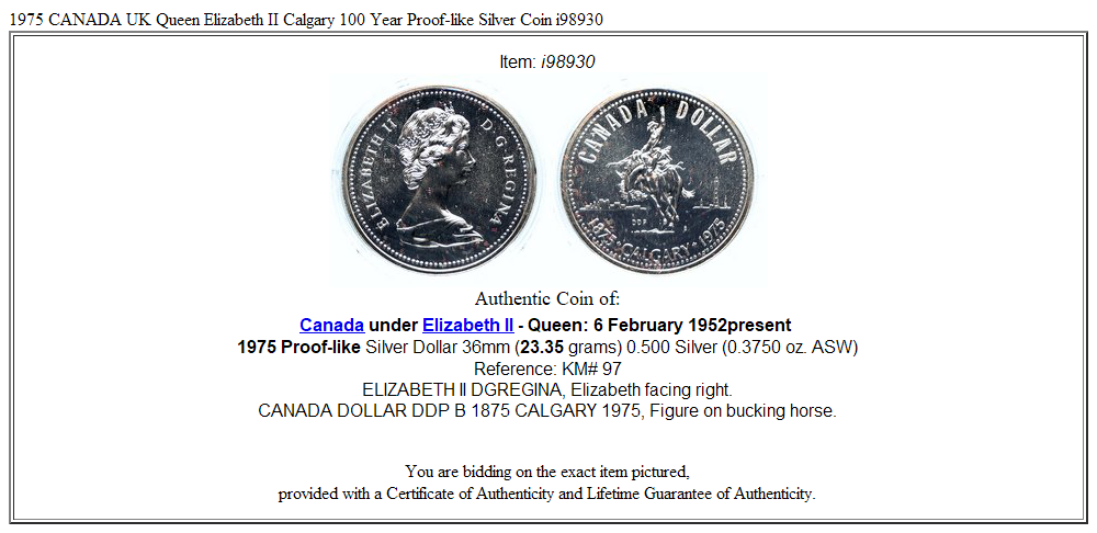 1975 CANADA UK Queen Elizabeth II Calgary 100 Year Proof-like Silver Coin i98930