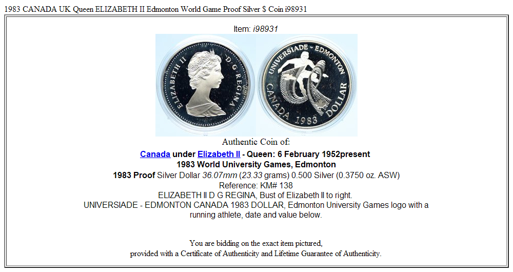 1983 CANADA UK Queen ELIZABETH II Edmonton World Game Proof Silver $ Coin i98931