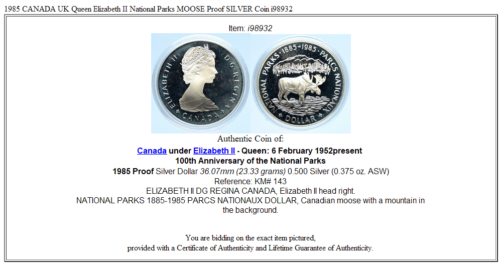 1985 CANADA UK Queen Elizabeth II National Parks MOOSE Proof SILVER Coin i98932