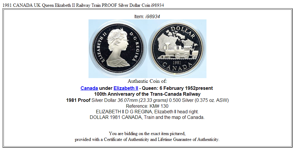 1981 CANADA UK Queen Elizabeth II Railway Train PROOF Silver Dollar Coin i98934