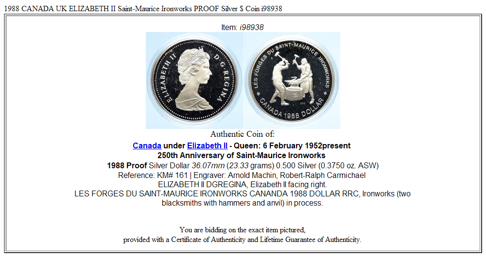 1988 CANADA UK ELIZABETH II Saint-Maurice Ironworks PROOF Silver $ Coin i98938