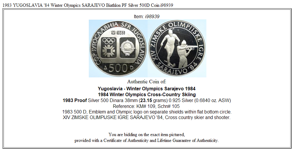 1983 YUGOSLAVIA '84 Winter Olympics SARAJEVO Biathlon PF Silver 500D Coin i98939