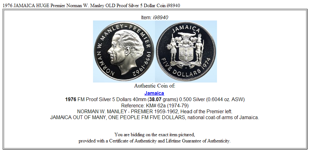 1976 JAMAICA HUGE Premier Norman W. Manley OLD Proof Silver 5 Dollar Coin i98940