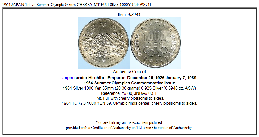 1964 JAPAN Tokyo Summer Olympic Games CHERRY MT FUJI Silver 1000Y Coin i98941