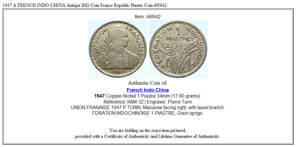 1947 A FRENCH INDO-CHINA Antique BIG Coin France Republic Piastre Coin i98942