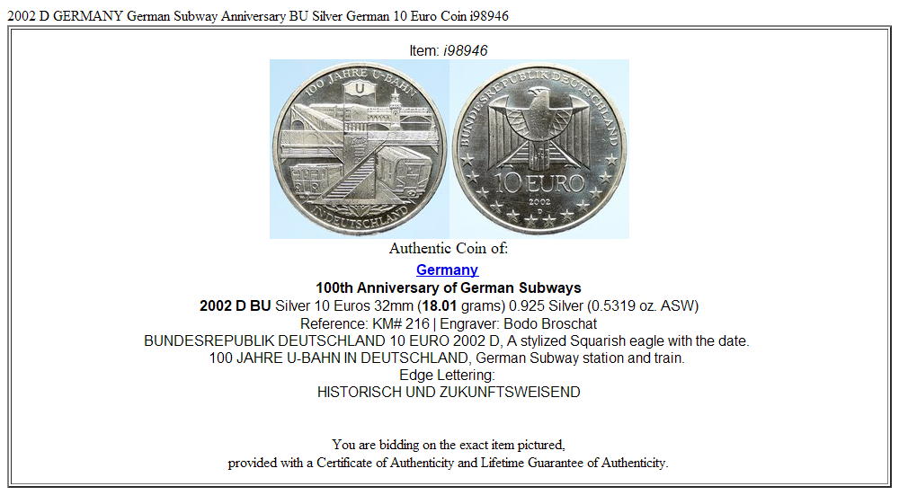 2002 D GERMANY German Subway Anniversary BU Silver German 10 Euro Coin i98946