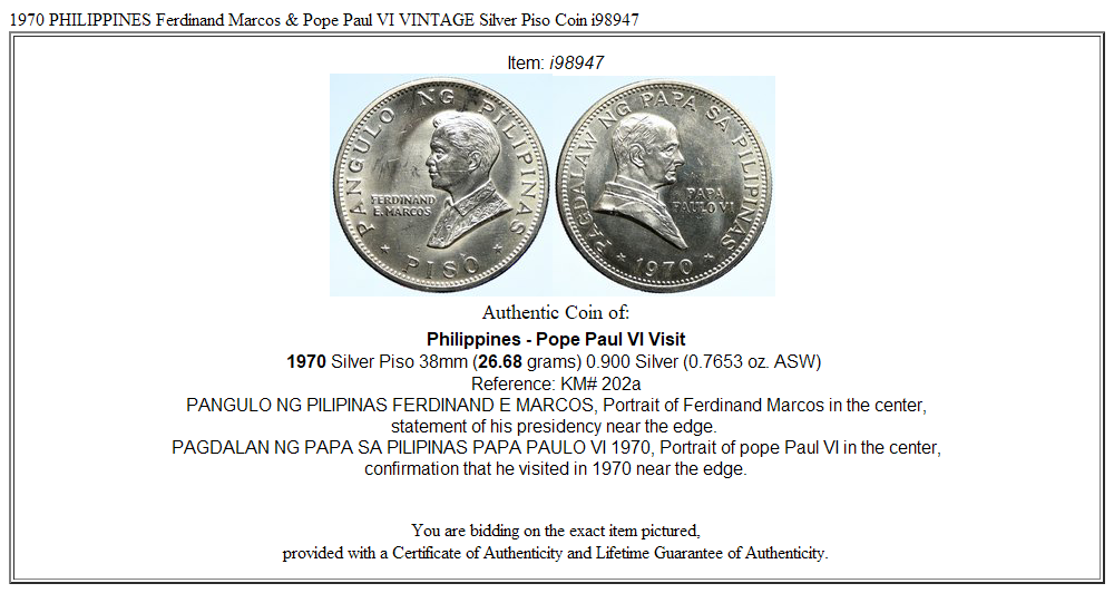 1970 PHILIPPINES Ferdinand Marcos & Pope Paul VI VINTAGE Silver Piso Coin i98947