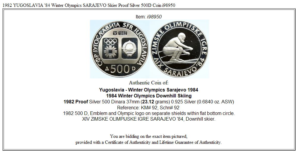 1982 YUGOSLAVIA '84 Winter Olympics SARAJEVO Skier Proof Silver 500D Coin i98950